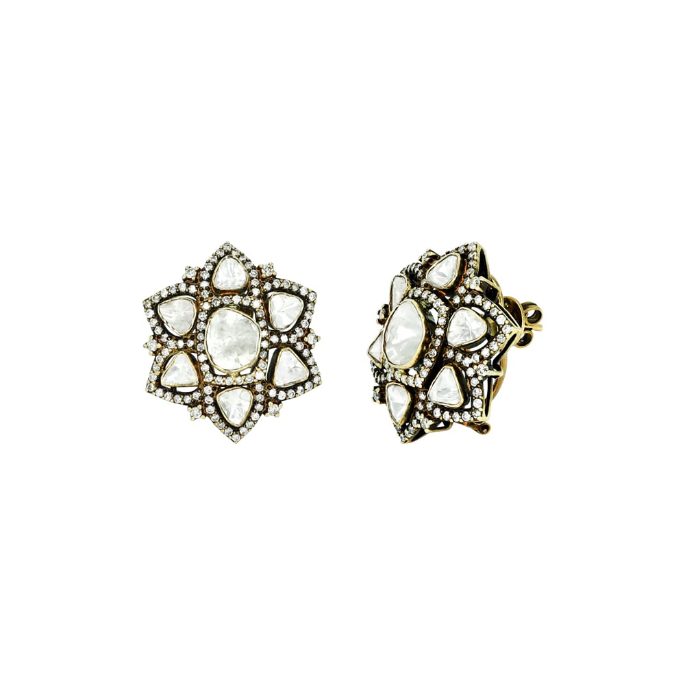 Antique-Finish Polki Floral Earrings